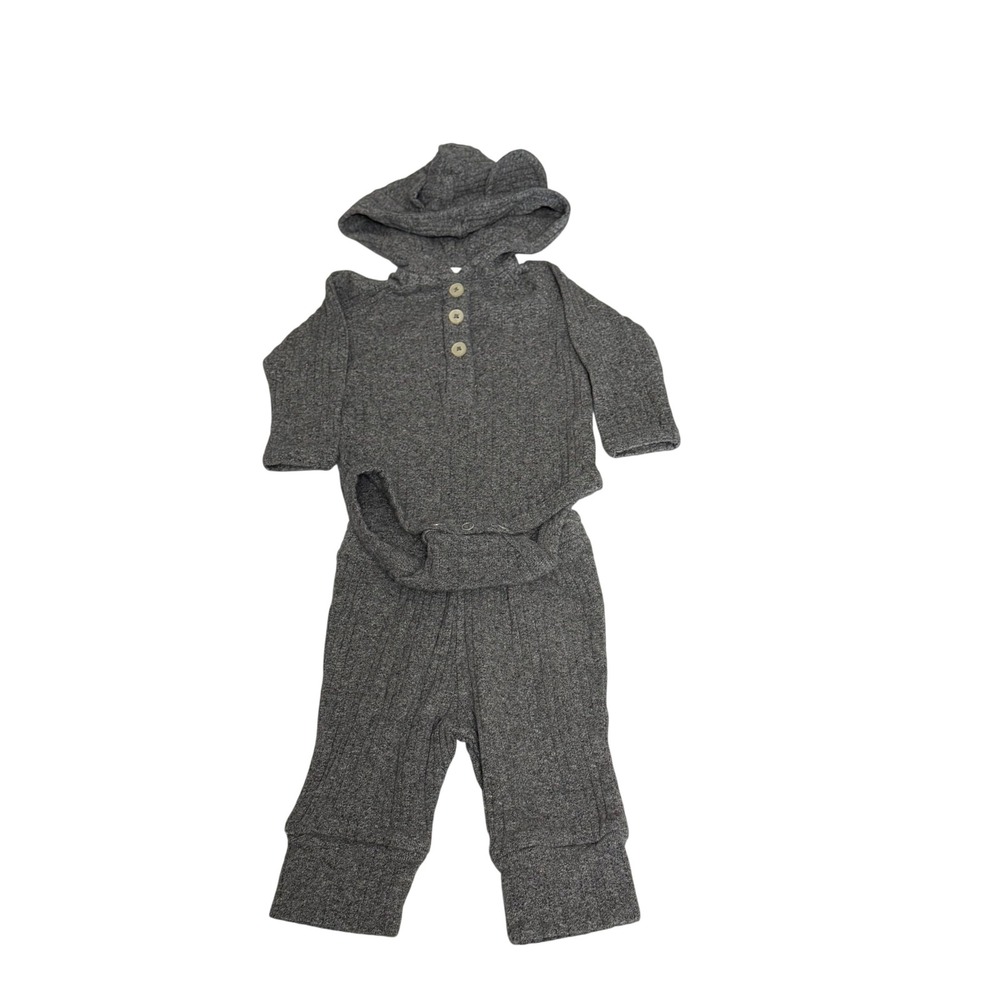 Kate Quinn 0-3M Organic Cotton Ribbed Hooded‎ Bear Ear Bodysuit and Pants Gray